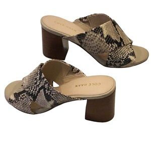 Cole Haan Dakota Snakeskin Printed Crisscross Block Heel Slip On Sandal Mules